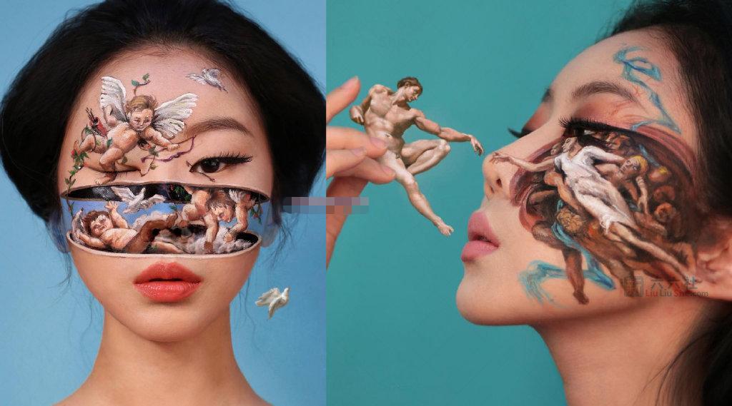 南韩姑娘脱去上衣：创“三体幻妆隐形术”，皮肤作画狂圈63万粉