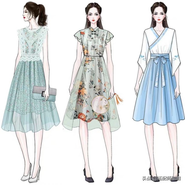 日系手绘穿衣搭配图,女孩每日穿搭手绘