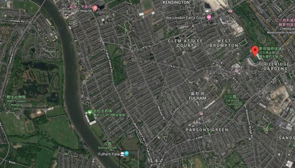 伦敦的著名足球场,用谷歌地图看地方