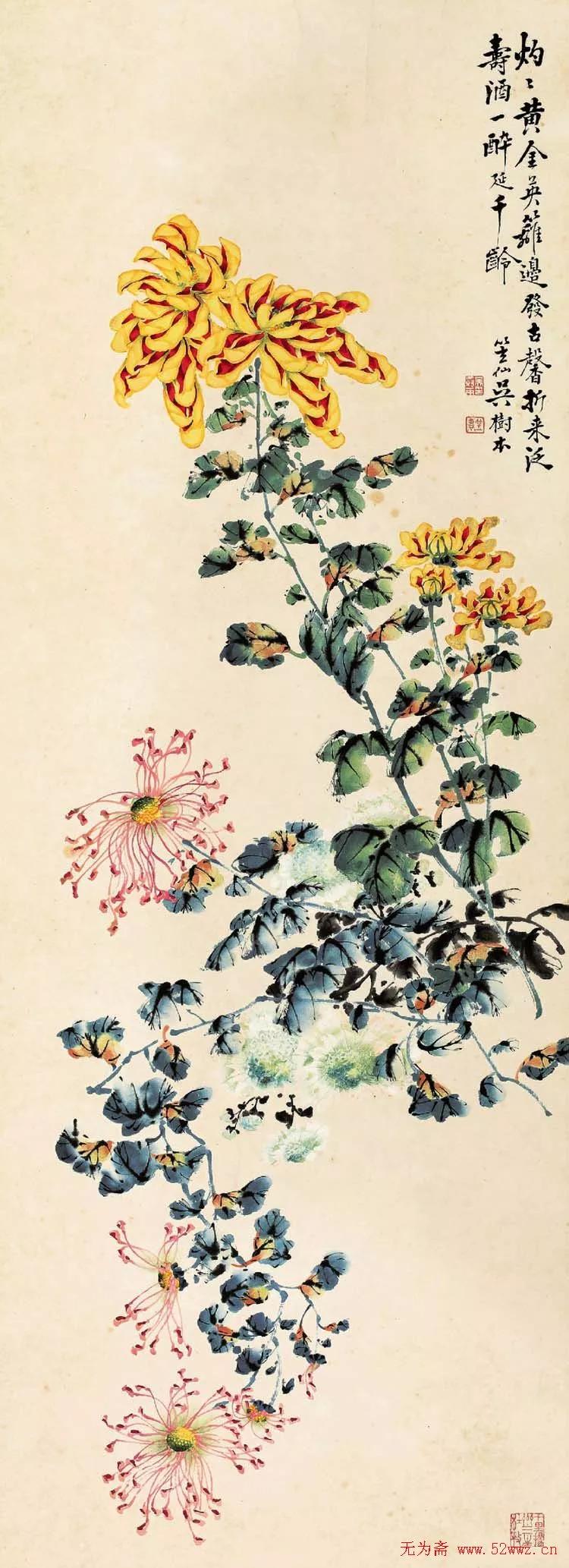 国画写意菊花精品100幅,吴昌硕的写意菊花高雅古朴之大美