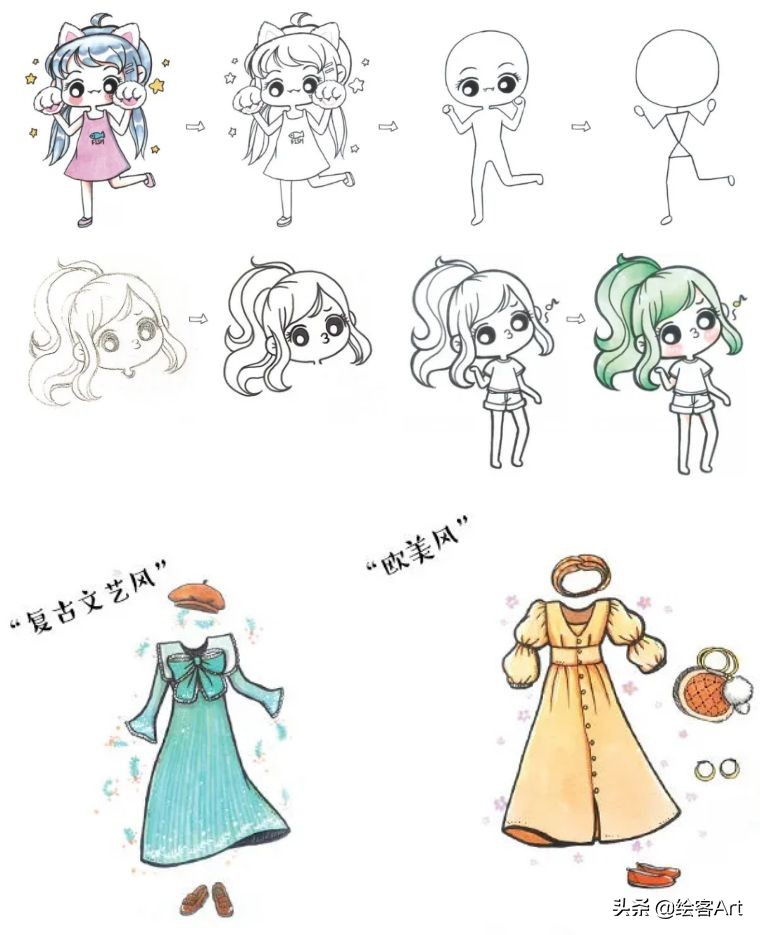 马克笔q版字母怎么画,马克笔手绘漫画少女q版