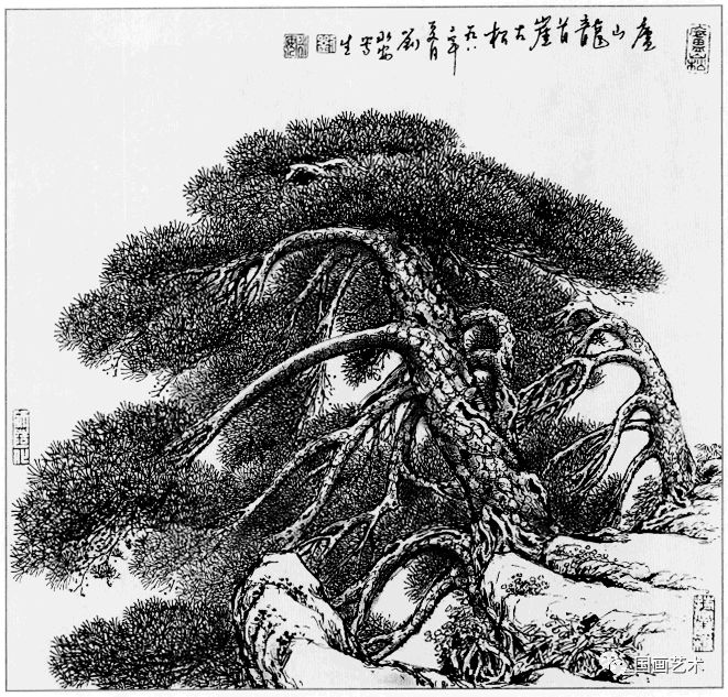 日式线描松树波浪纹,深度线描儿童画松树