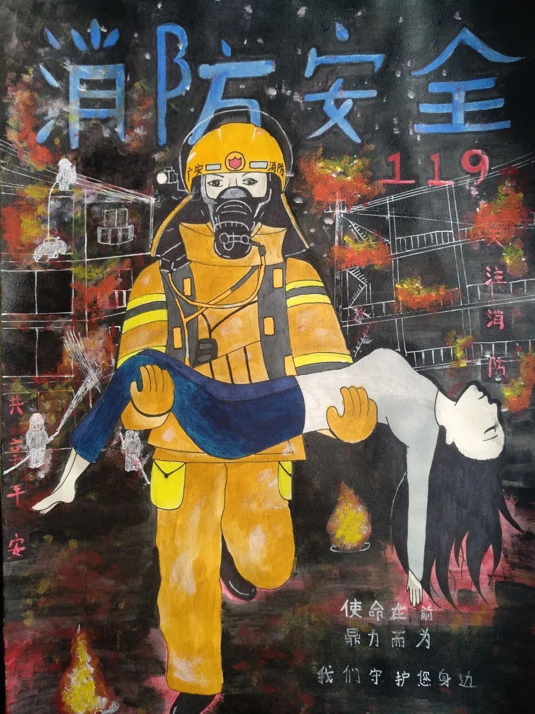119消防创意美术活动,119消防宣传主题画