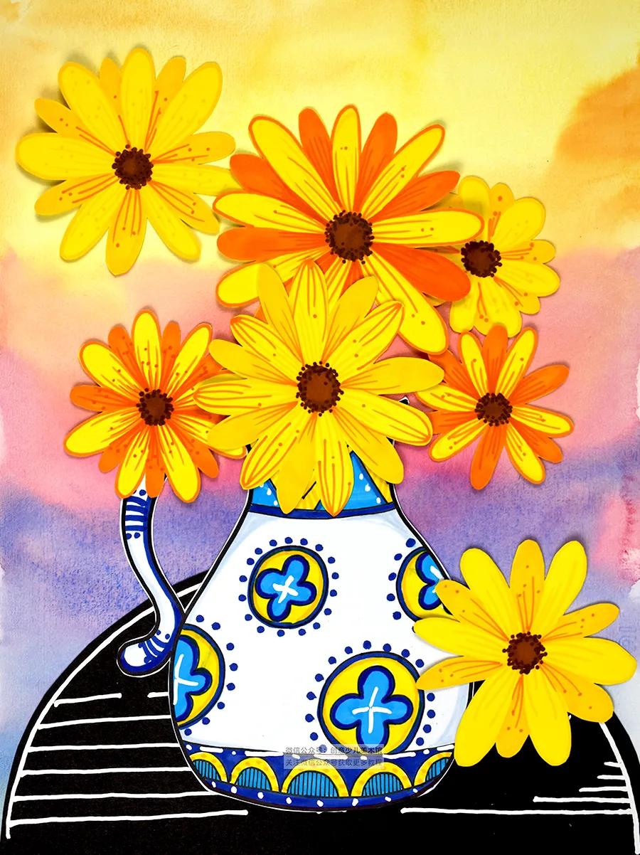 儿童画静物花卉,以花朵为主题的儿童画色彩丰富