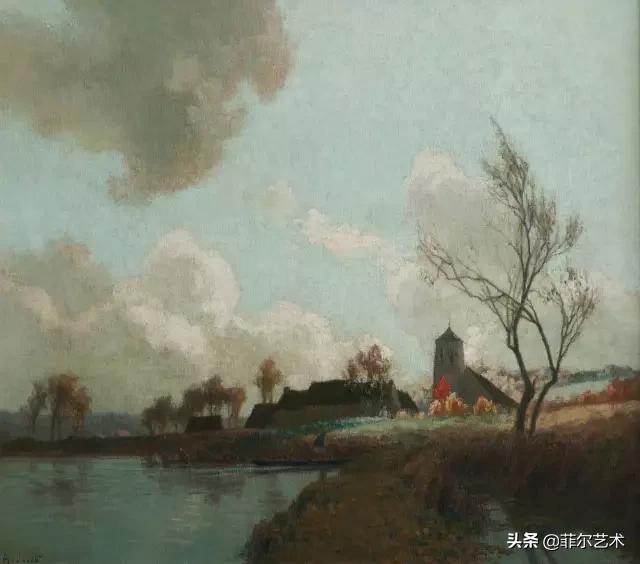 极简油画金色麦田和山,以红蓝为基调的风景油画