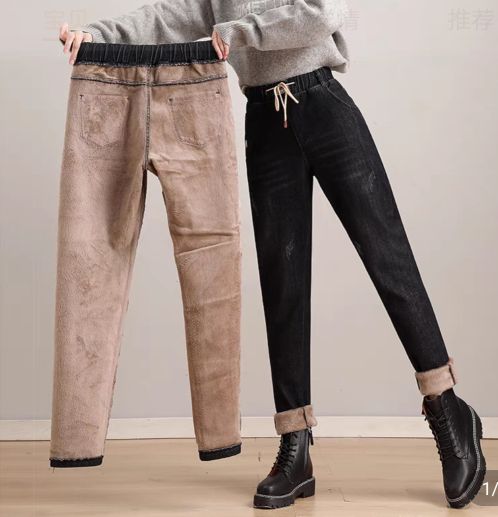 加绒牛仔保暖大码高腰显瘦,牛仔加绒打底衣外穿显瘦中长款