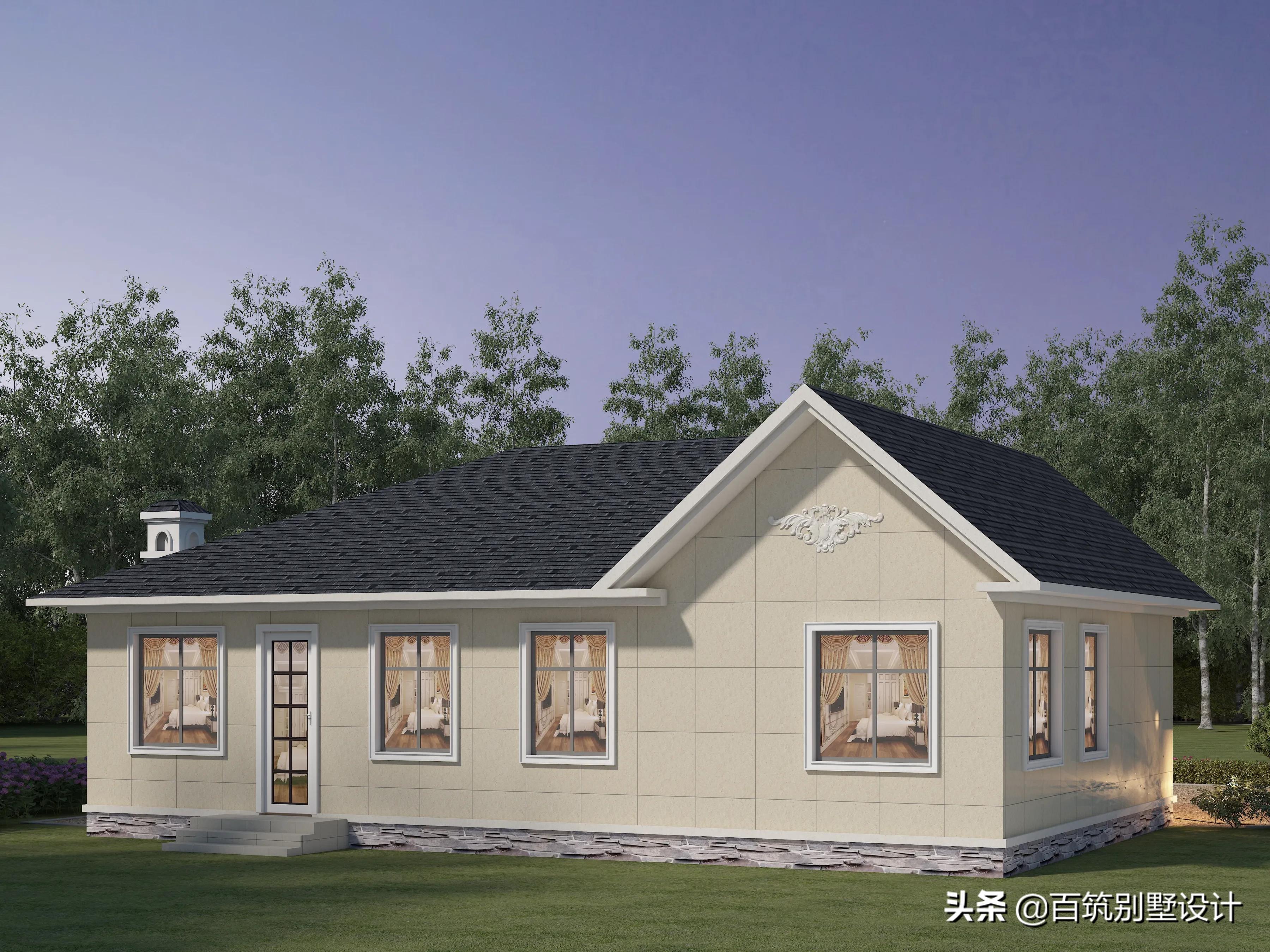 北方农村自建房一层平房带阳光房,北方一层中式小院图纸