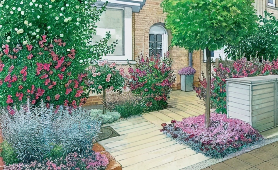 手绘清新小花园,日式庭院迷你小花园手绘