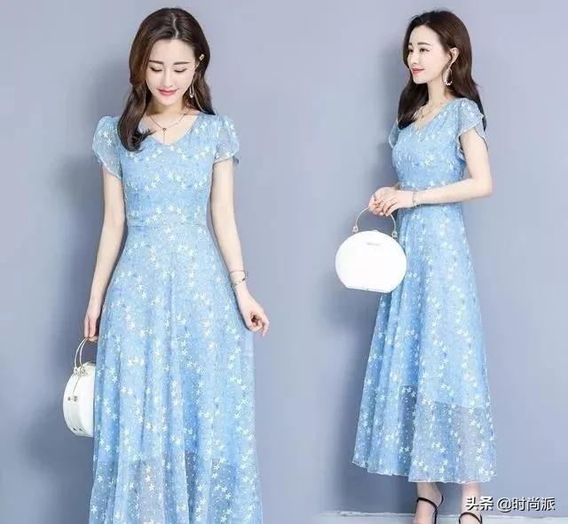 碎花雪纺连衣裙时尚气质中长款,雪纺碎花连衣裙穿出小仙女的感觉