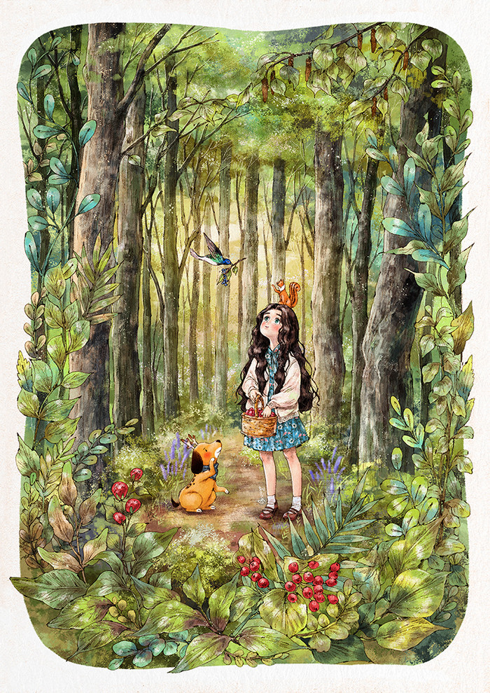 韩国插画师森林女孩日记图文,水彩插画森林女孩日记