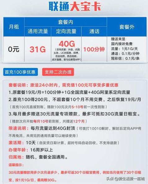 联通19元月租110g流量200分钟通话,联通月租19元203g流量200分钟通话