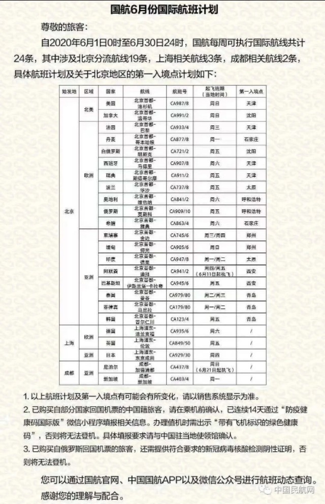 6月份航班计划表,六月国际航班计划表