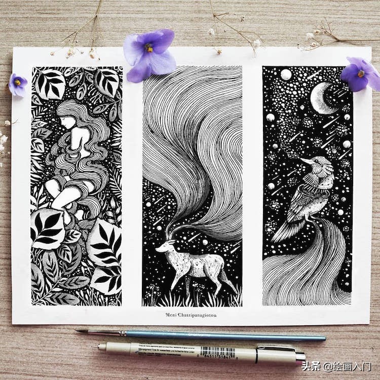 手绘插画黑白风针管笔小插画,手绘100多幅针管笔黑白插画分享