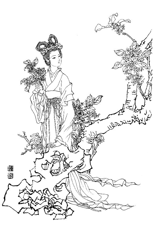 彭连熙工笔白描人物作品,工笔戏曲净角人物白描底稿