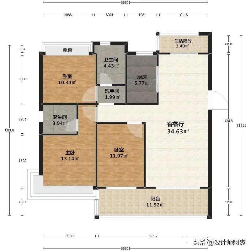 102三室二厅一卫房子装修效果图,102户型装修