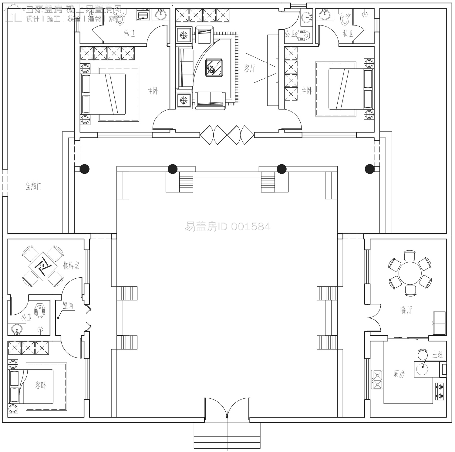 农村现代5套单层三合院,15米宽20米长中式合院图纸