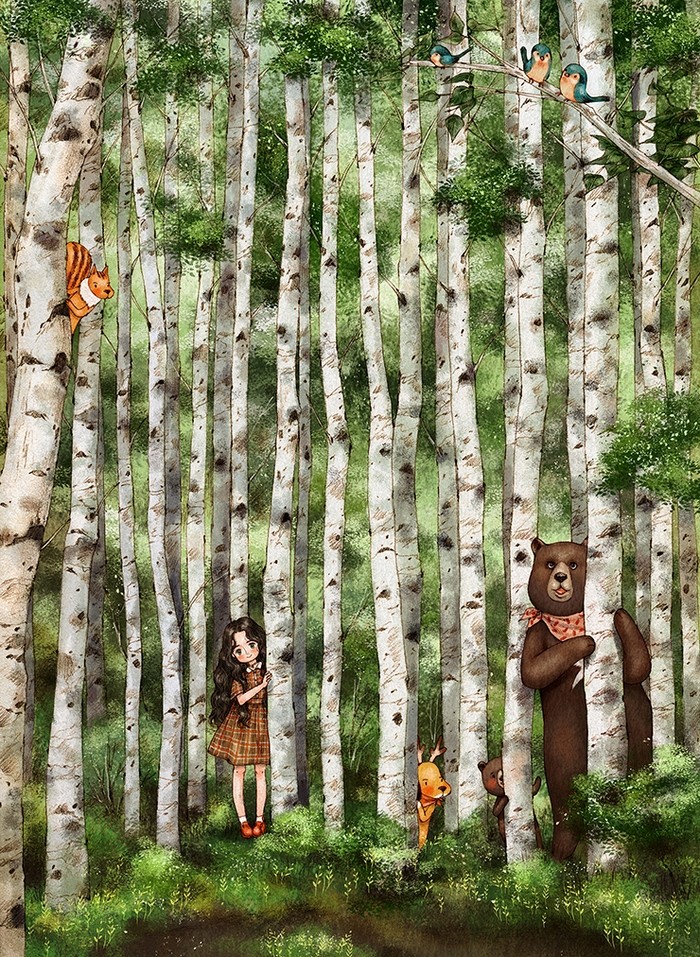韩国插画师森林女孩日记图文,水彩插画森林女孩日记