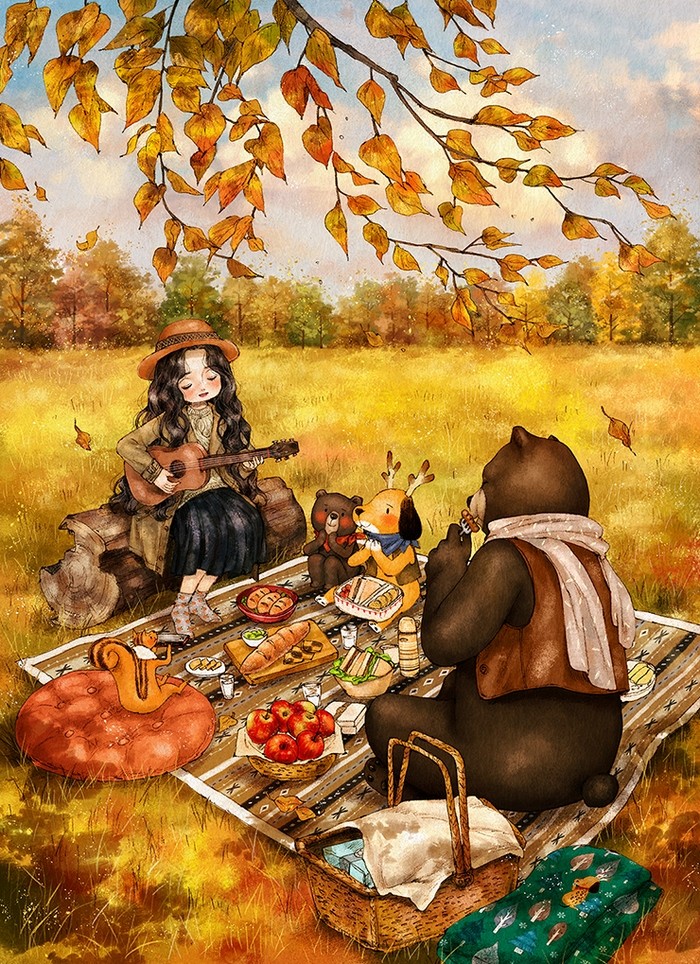 韩国插画师森林女孩日记图文,水彩插画森林女孩日记