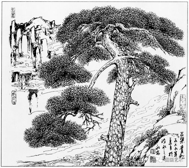 日式线描松树波浪纹,深度线描儿童画松树