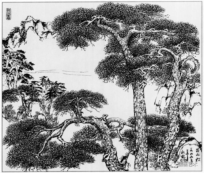 日式线描松树波浪纹,深度线描儿童画松树