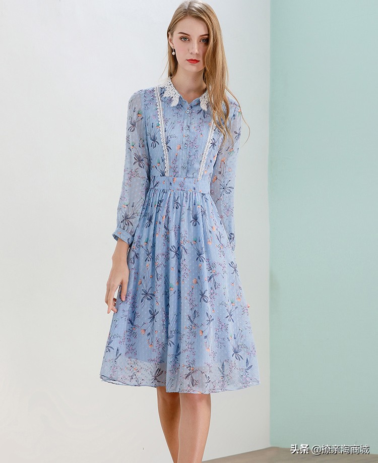 雪纺碎花连衣裙女夏中长款,2019冬款碎花连衣裙女