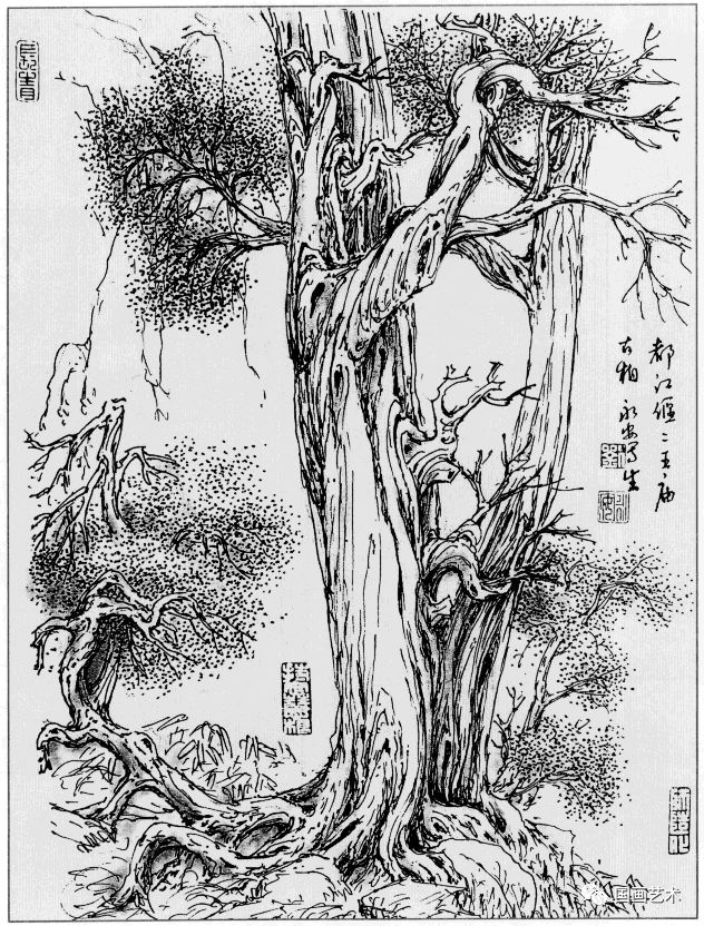 日式线描松树波浪纹,深度线描儿童画松树
