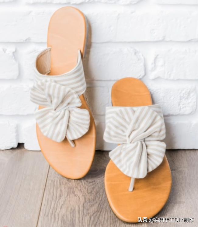 斜条纹小蝴蝶结拖鞋的织法,蝴蝶结草编拖鞋