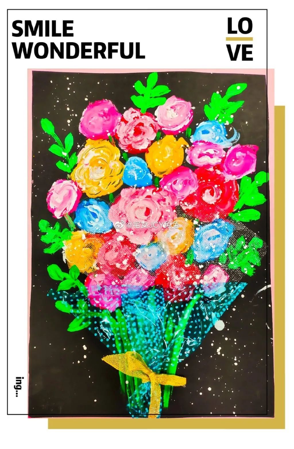 儿童绘画花束创意画,感恩节手工作品花束模版片头片尾