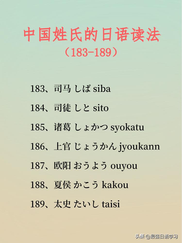 中国姓氏日语读法一览表图文,日语三字姓氏一览表