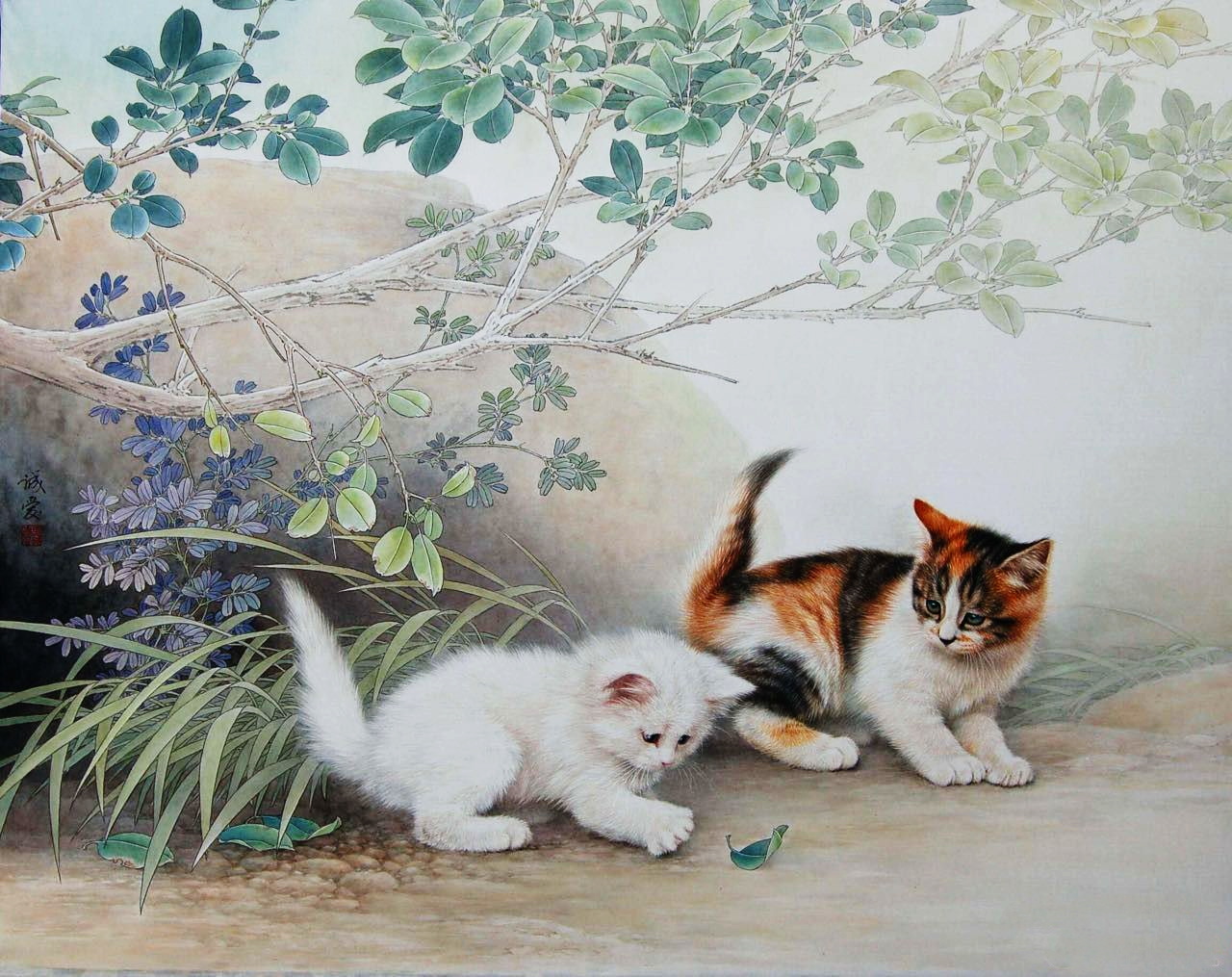 邢诚爱工笔猫画法,邢诚爱工笔画猫兔子高清大图