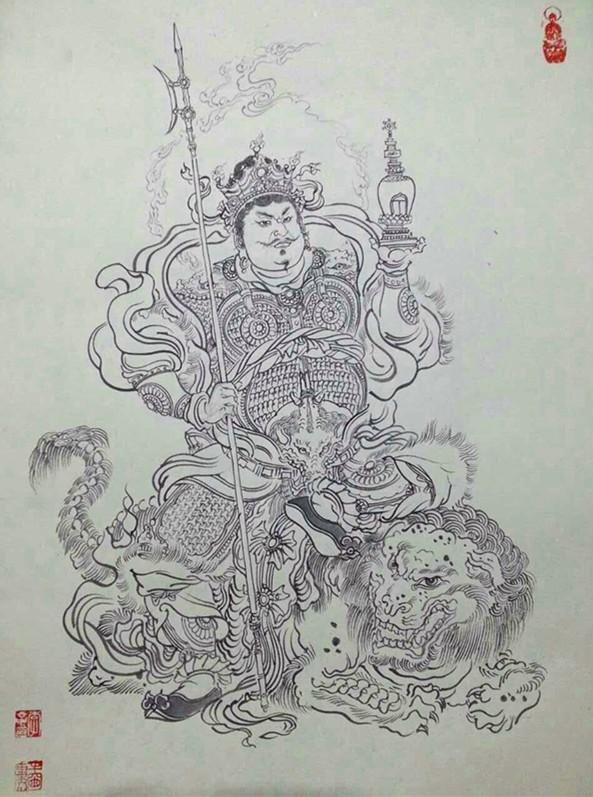 李云中四大天王白描高清图片,佛教四大天王工笔重彩