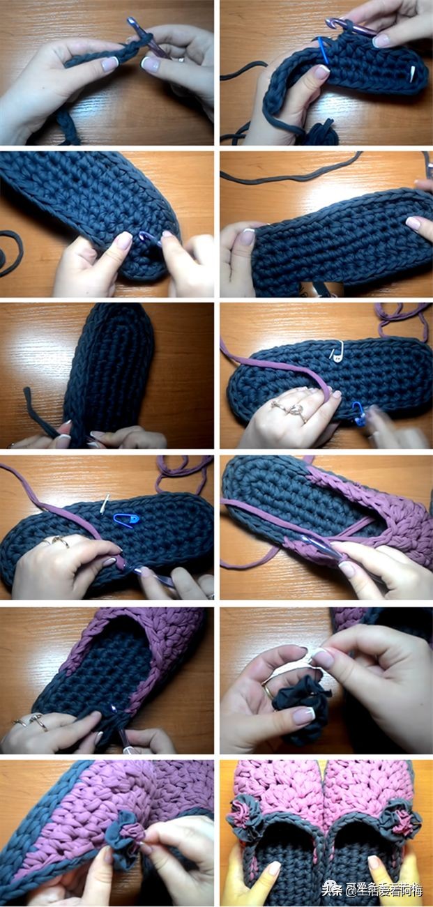 用布条做毛线拖鞋的方法,杂线编织手工拖鞋