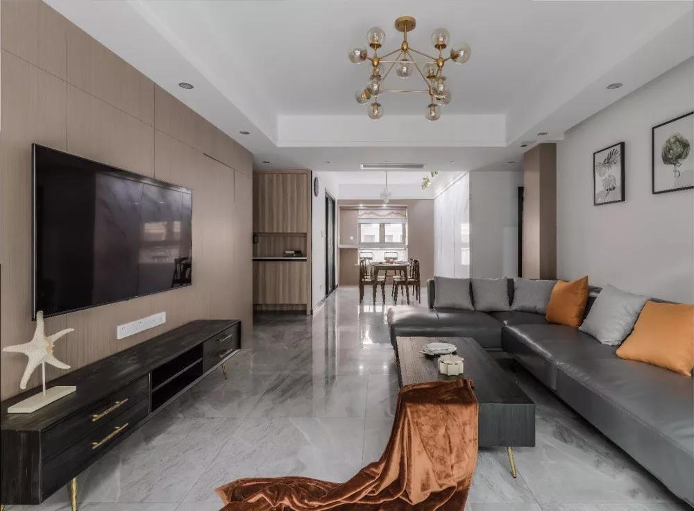 摩卡灰地砖客厅效果图,灰咖色客厅地砖装饰效果