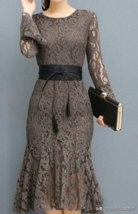 蕾丝镂空花连衣裙制作款式,钩花镂空蕾丝拼接连衣裙