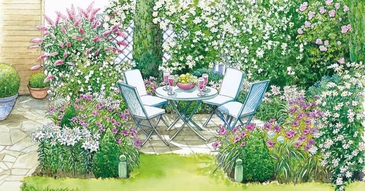 手绘清新小花园,日式庭院迷你小花园手绘