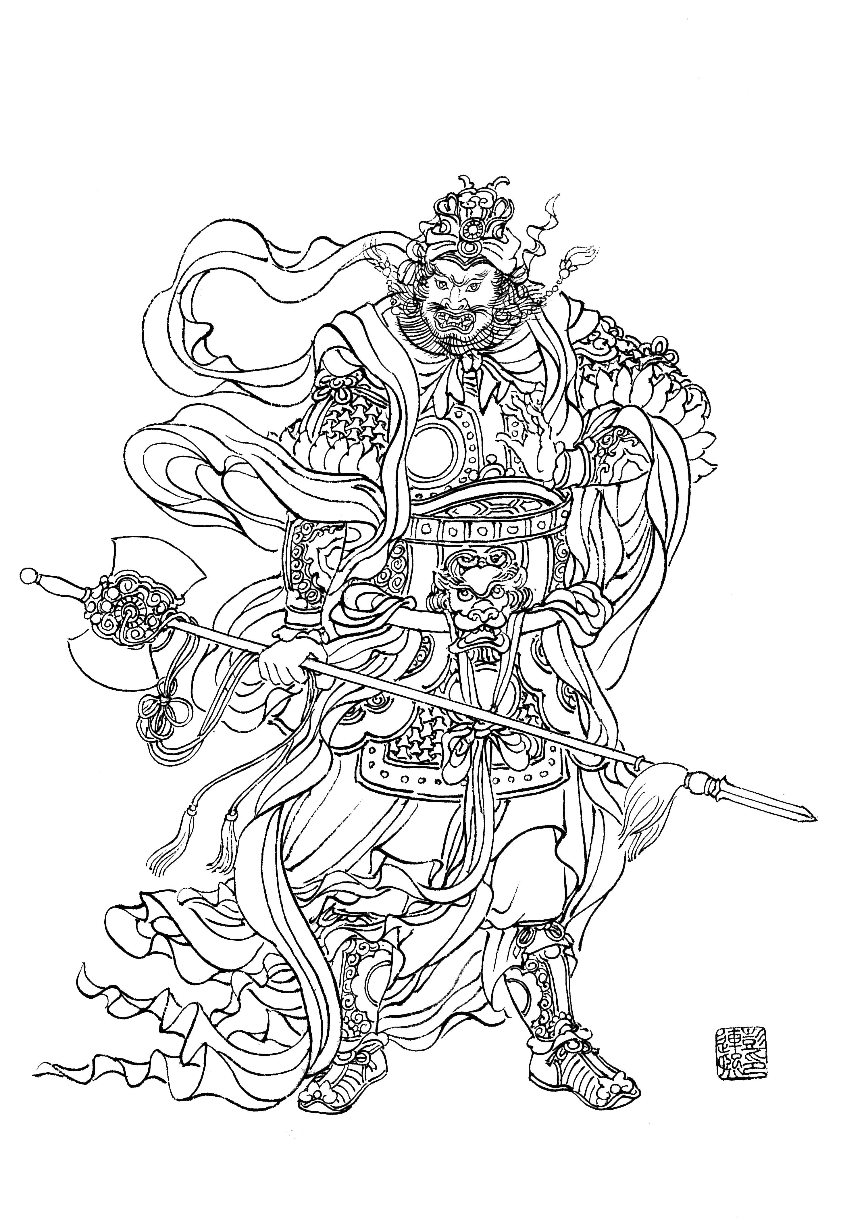 彭连熙工笔白描人物作品,工笔戏曲净角人物白描底稿