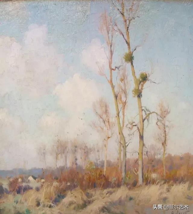 极简油画金色麦田和山,以红蓝为基调的风景油画