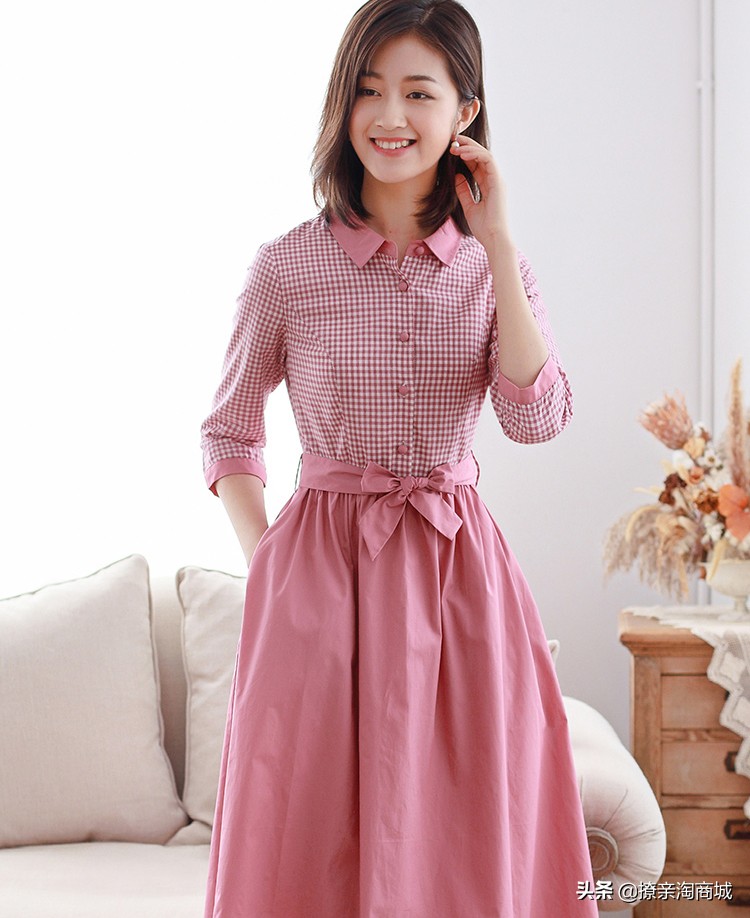 2019春装新款连衣裙女，夏棉麻格子修身衬衫裙中长款春季裙子