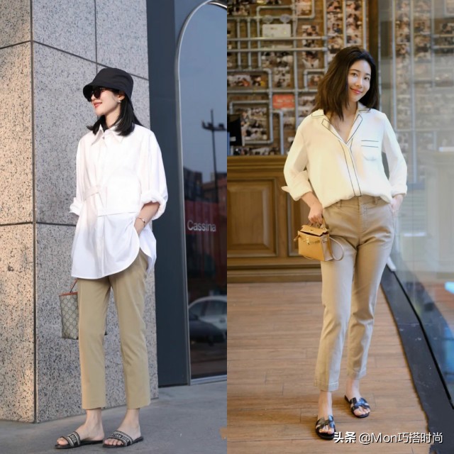 白衬衫卡其裤搭配女,穿搭女夏季搭配高级感九分牛仔裤